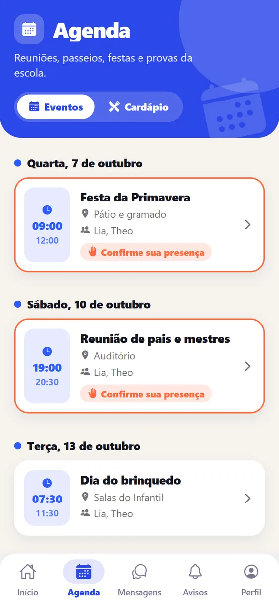 Agenda de eventos com confirmação de presença