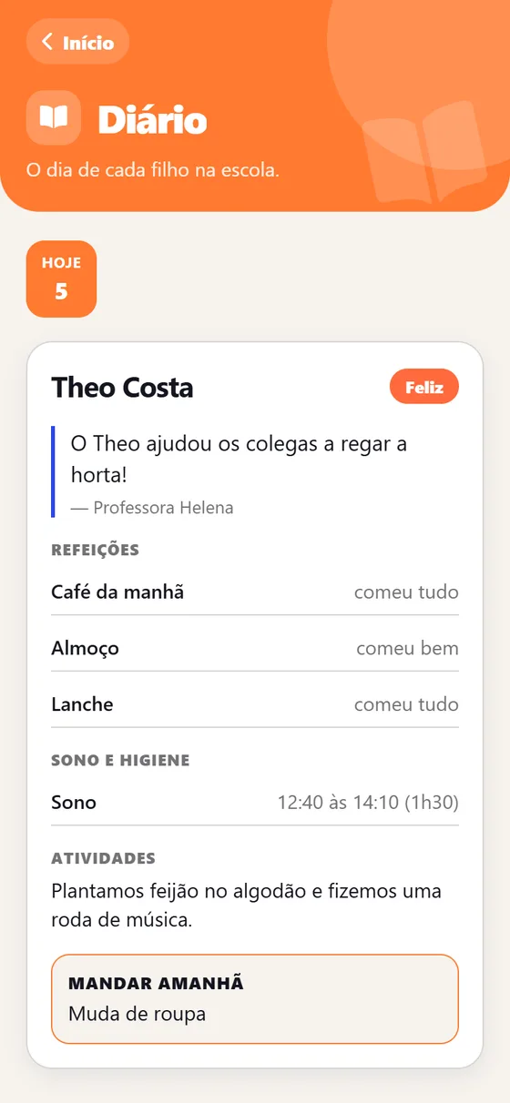 Diário do dia: refeições, sono e atividades